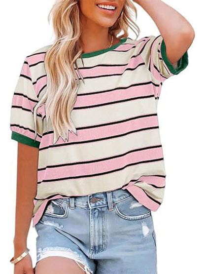 Women's round neck colorful patchwork large striped loose T-shirt Pink