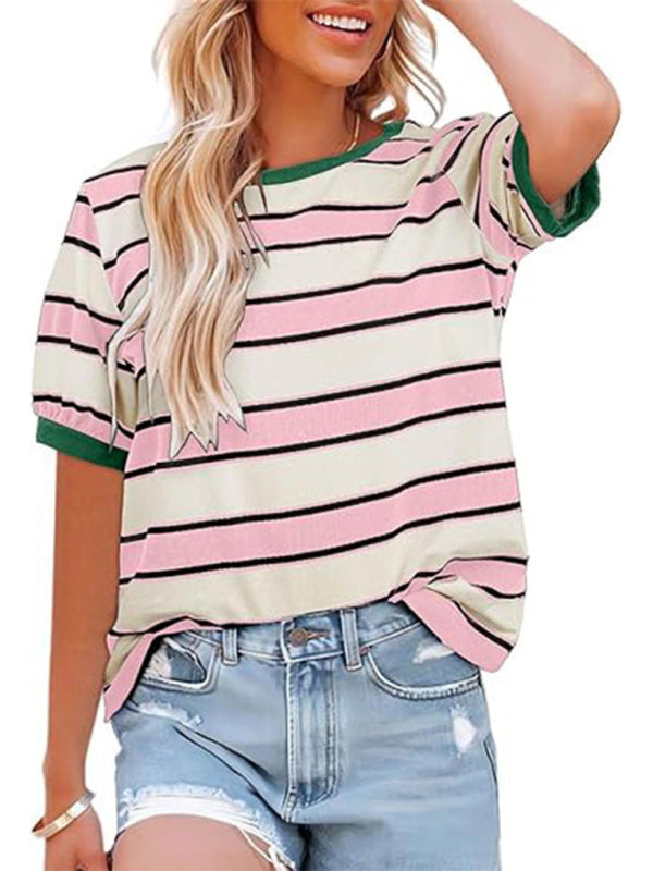 Women's round neck colorful patchwork large striped loose T-shirt Pink