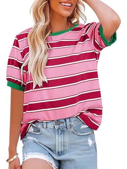 Women's round neck colorful patchwork large striped loose T-shirt Rose