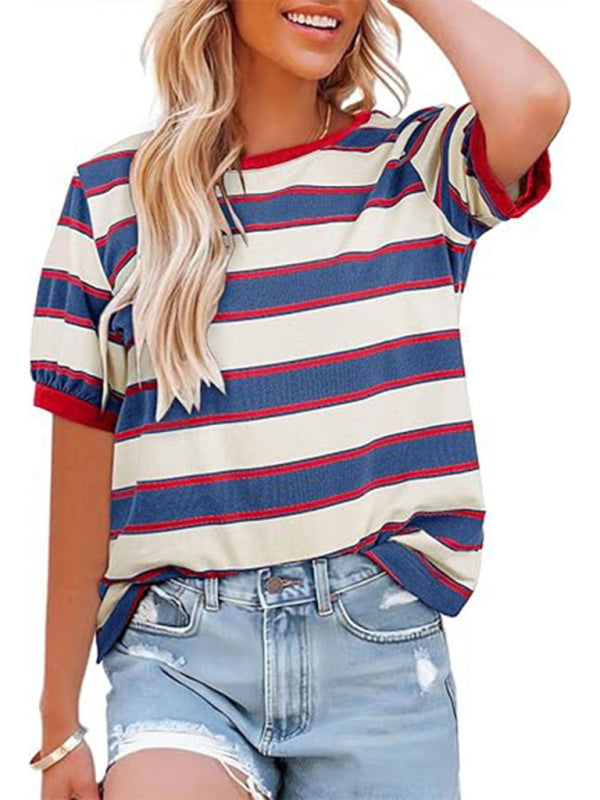 Women's round neck colorful patchwork large striped loose T-shirt Red