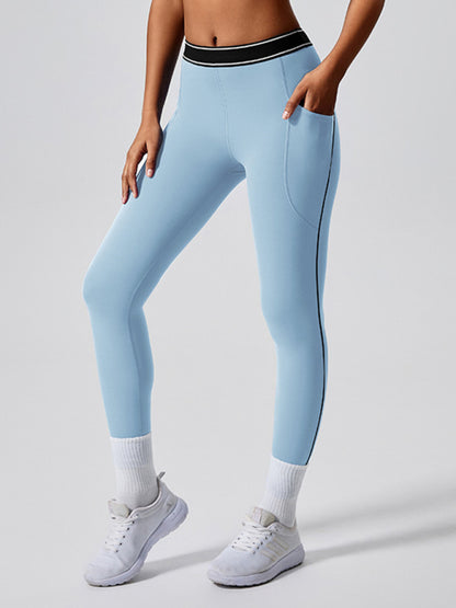 Contrast color yoga pants outdoor running fitness leggings Sky blue azure