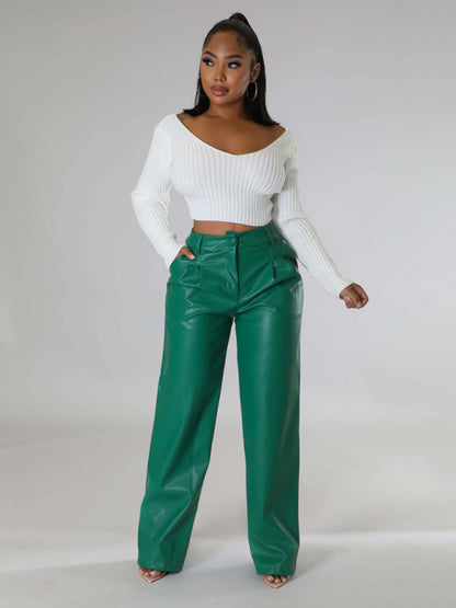 Women's Loose Wide-leg Pocket Casual Leather Pants Green