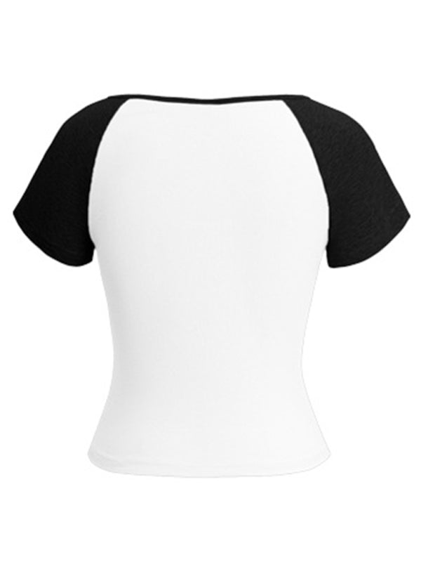 Women's Y2K Slim Fit U-Neck Contrast Short Sleeve Top - Retro Style