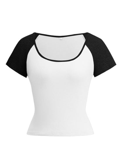 Women's Y2K Slim Fit U-Neck Contrast Short Sleeve Top - Retro Style