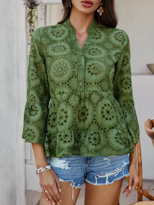 Solid color hollow v-neck three-quarter sleeve shirt Olive green
