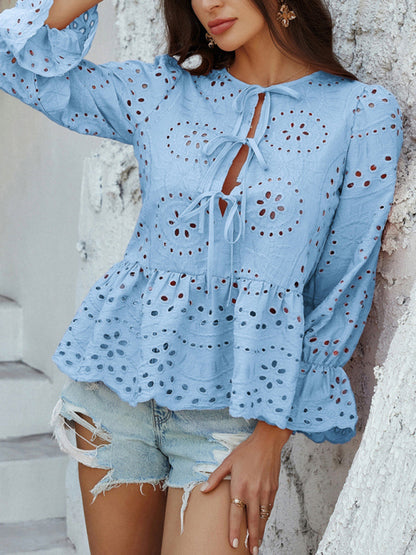 Lace-Up Cardigan with Hollow Details - Loose Vacation Top for Women