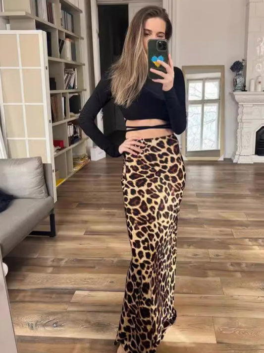 Leopard print two-tone hip skirt Brown