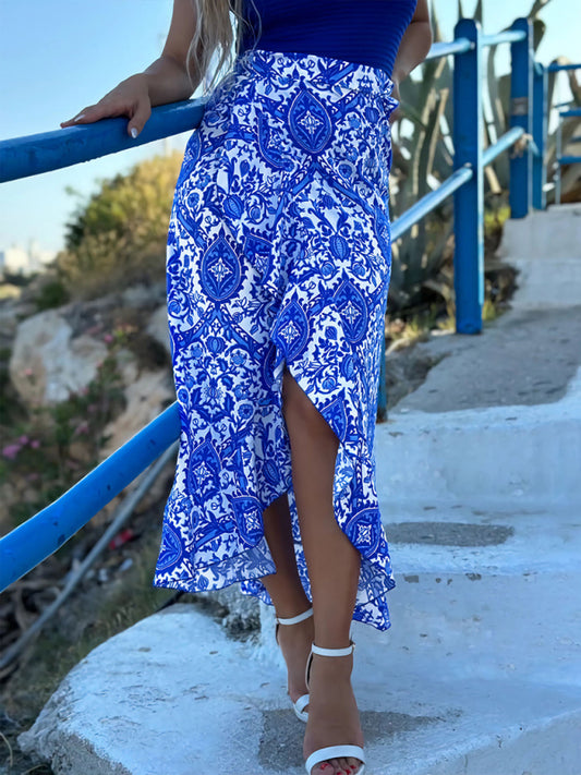 Ethnic paisley print irregular skirt Blue