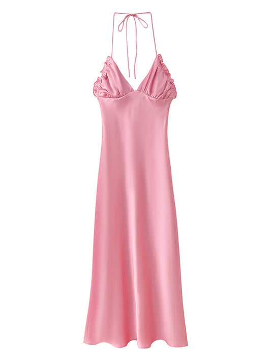 Elegant pink satin midi skirt