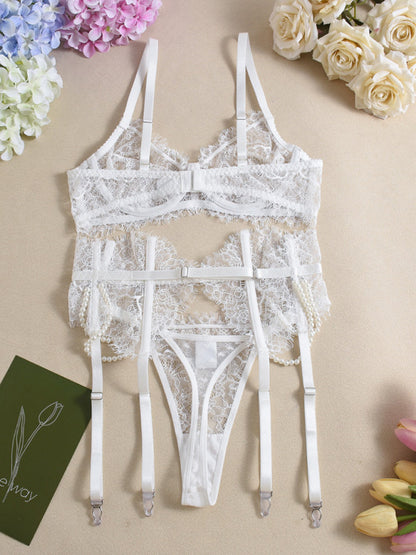 Sexy Bra Handmade Pearl Removable Fishbone Waist Eyelash Lace Bra Set White