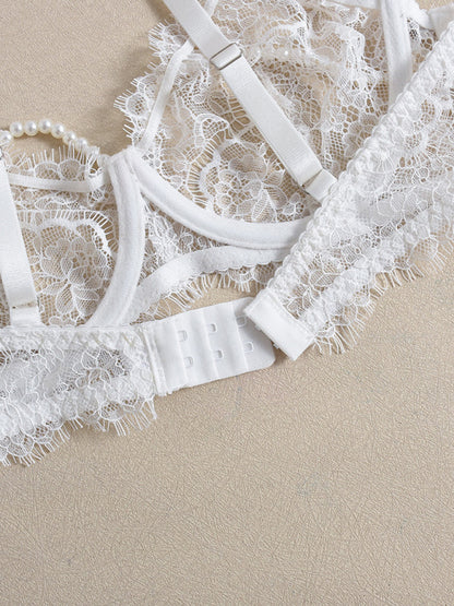 Sexy Bra Handmade Pearl Removable Fishbone Waist Eyelash Lace Bra Set