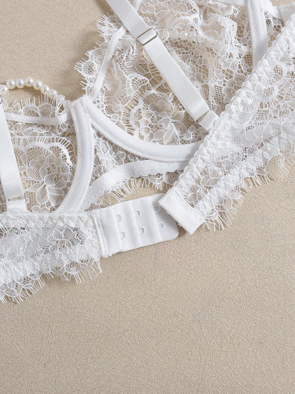 Sexy Bra Handmade Pearl Removable Fishbone Waist Eyelash Lace Bra Set