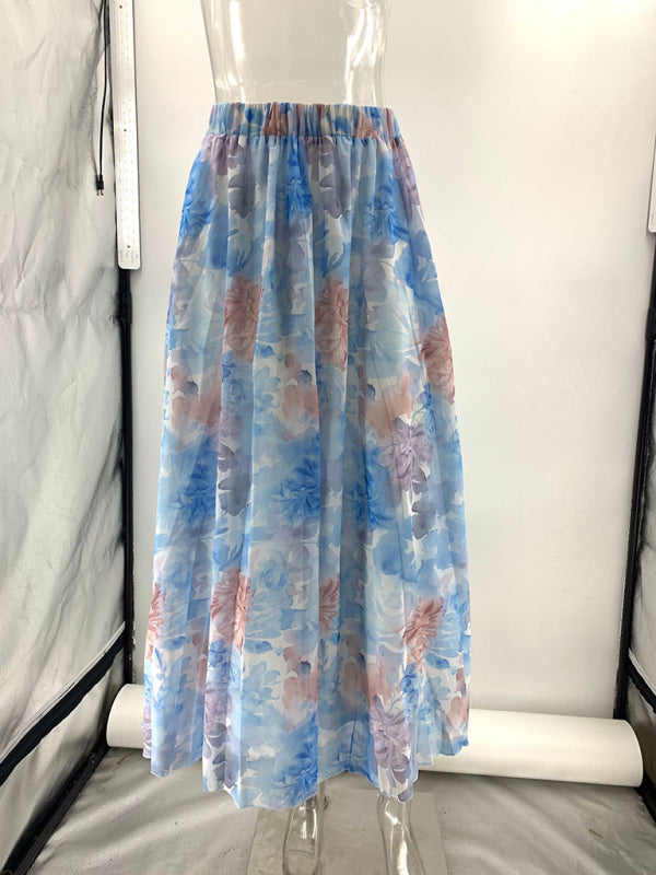 Printed chiffon casual elastic waist skirt