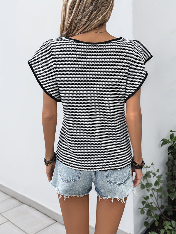 Women's Black White Striped Round Neck T-Shirt - Classic Short Sleeve Top