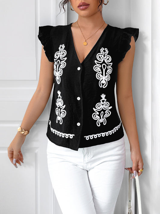 Ethnic Print V-Neck Cardigan - Flutter Sleeve Vest Top for Women Black