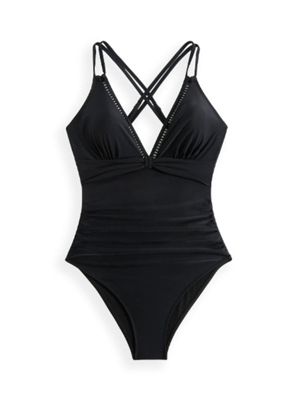 Modern solid color sling hollow one-piece swimsuit