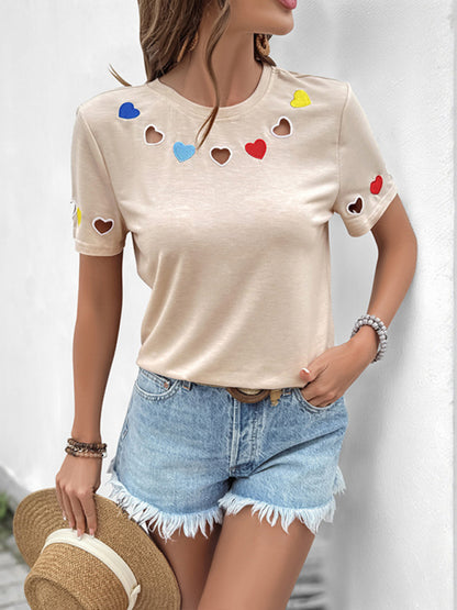 Women's Heart Embroidered Hollow Short Sleeve T-Shirt - Sweet Casual Style