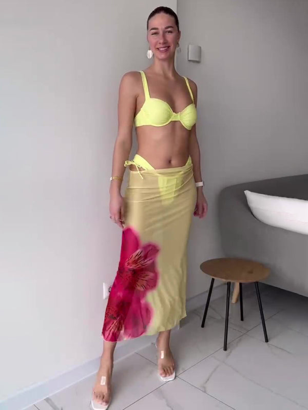 Solid color sexy bikini three piece set Yellow