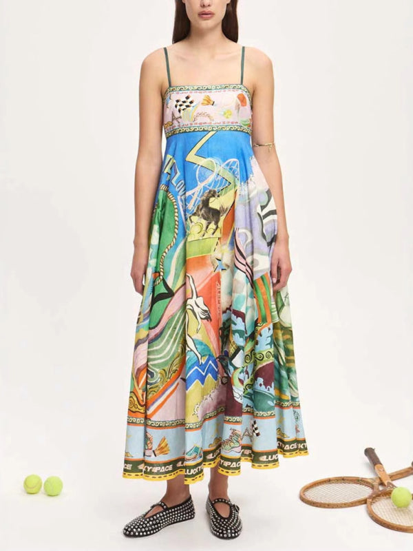 Printed suspender sunflower skirt holiday style dress Blue