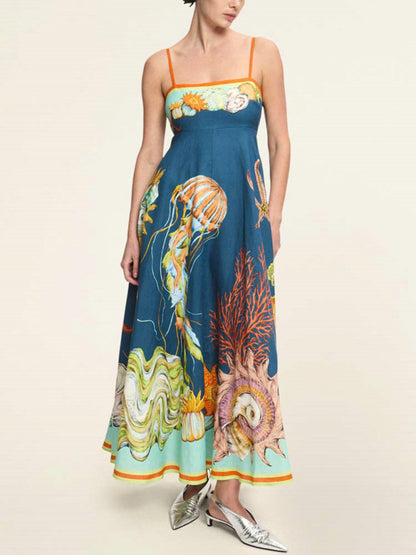Modern holiday swing graffiti cotton and linen sleeveless suspender dress Blue