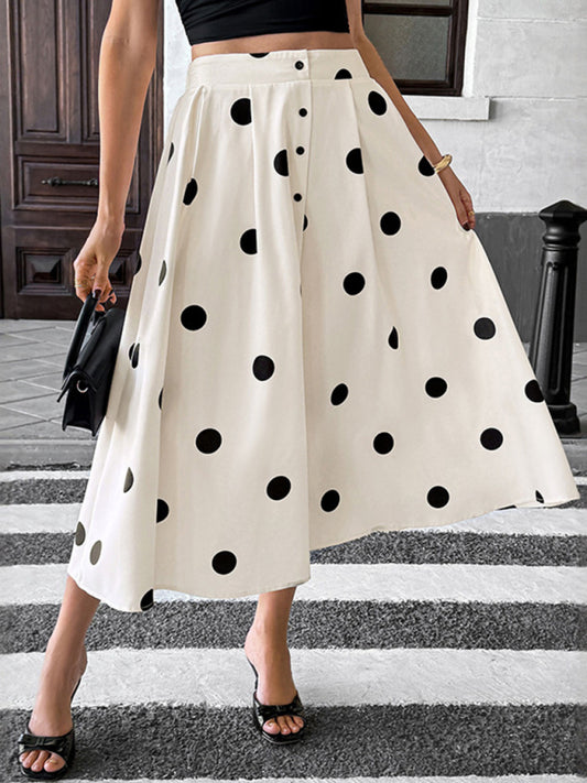 Modern mid-length umbrella skirt polka dot skirt elastic retro elegant A-line skirt Cracker khaki