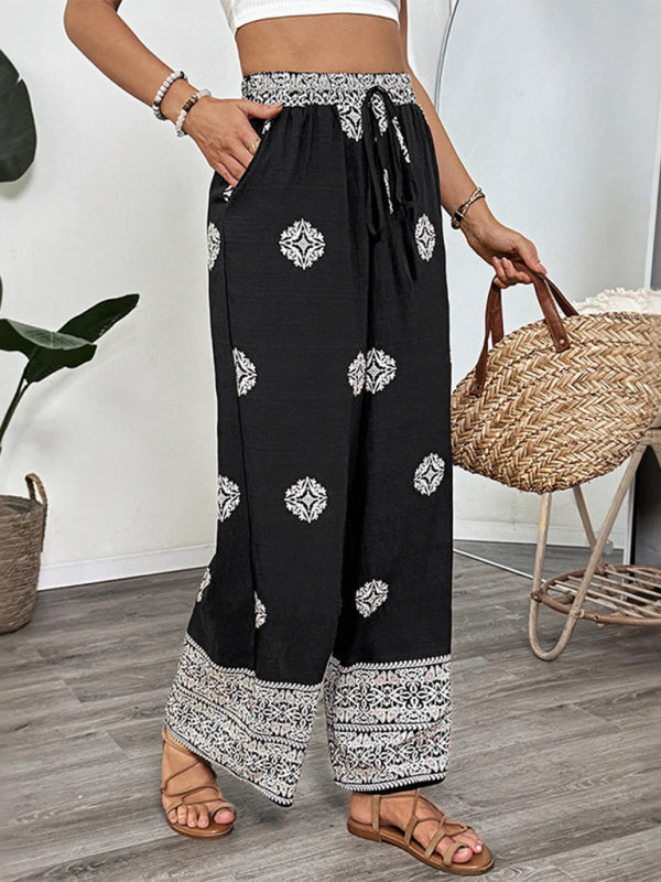 Holiday ethnic style printed straight trousers elastic waist drawstring casual comfortable straight trousers