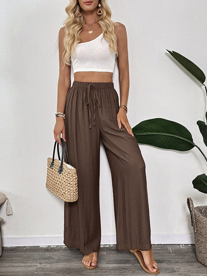Simple style lace-up embroidered solid color loose wide-leg pants