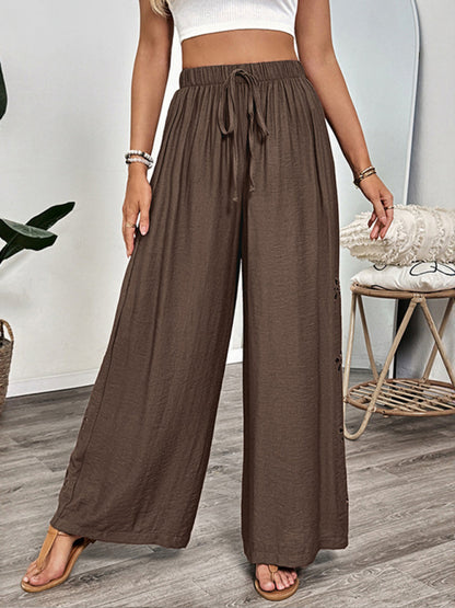 Simple style lace-up embroidered solid color loose wide-leg pants Brown