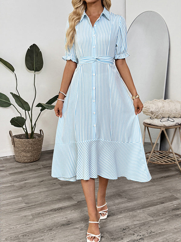 Shirt-style puff sleeve lapel striped dress