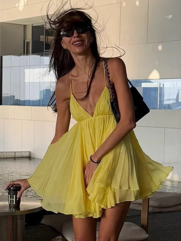 Sleeveless V-neck halter back short holiday dress Yellow