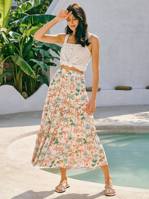 Modern coconut tree print bohemian holiday beach skirt Brown