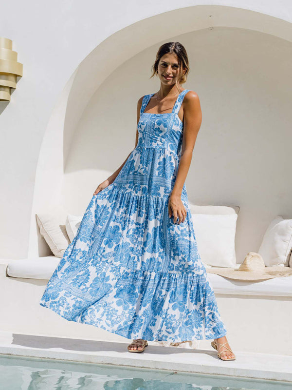 Blue floral print bohemian holiday beach dress loose suspender dress Blue