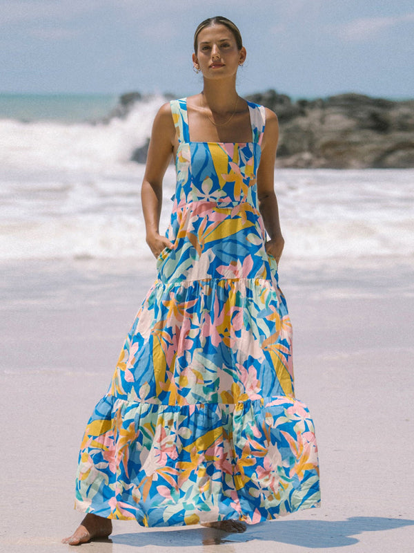 Blue and pink floral print bohemian holiday style beach dress loose suspender dress Spearmint viridis