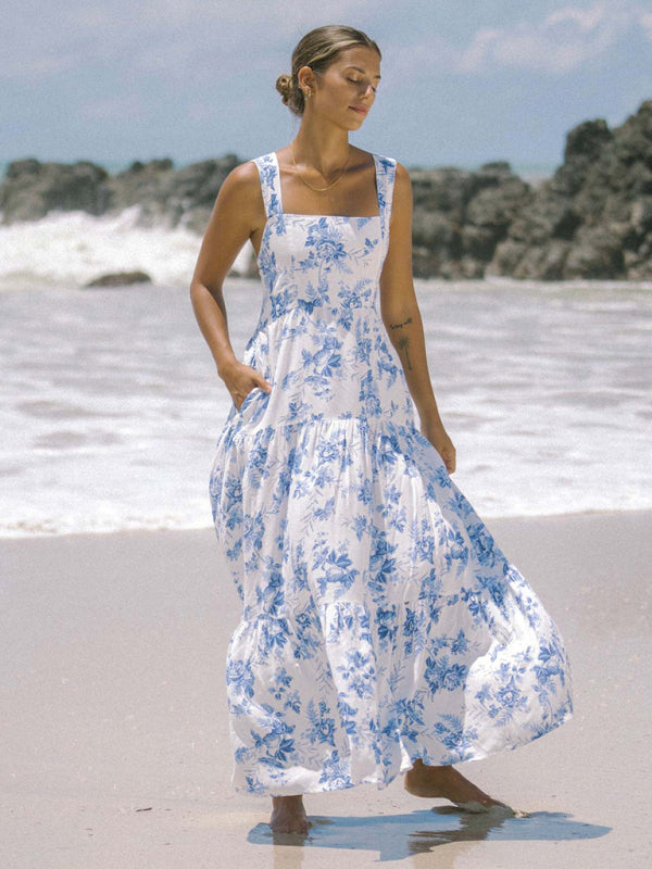 White and blue floral print bohemian holiday beach dress loose suspender dress White