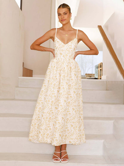 Modern V-neck waist holiday long dress sexy backless bow tie dress Yellow