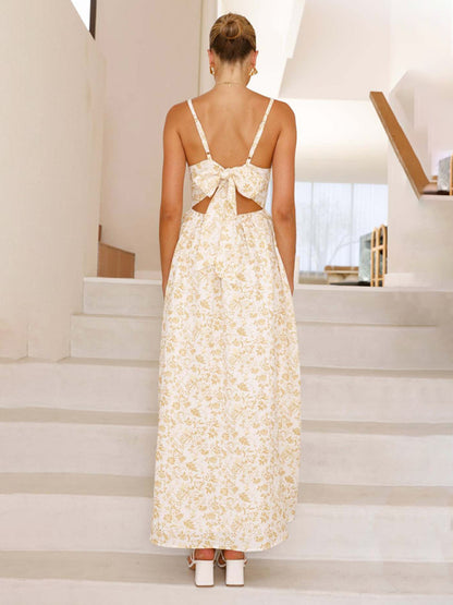 Modern V-neck waist holiday long dress sexy backless bow tie dress