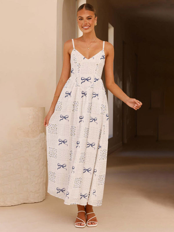 Modern V-neck waist holiday backless bow print dress Blue