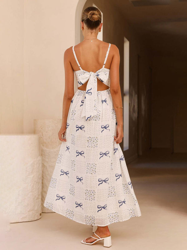Modern V-neck waist holiday backless bow print dress