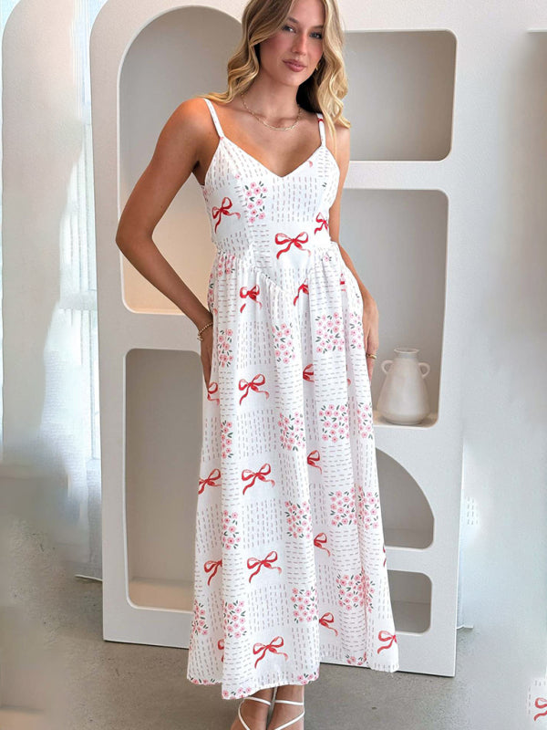 Modern V-neck waist holiday backless bow print dress Red