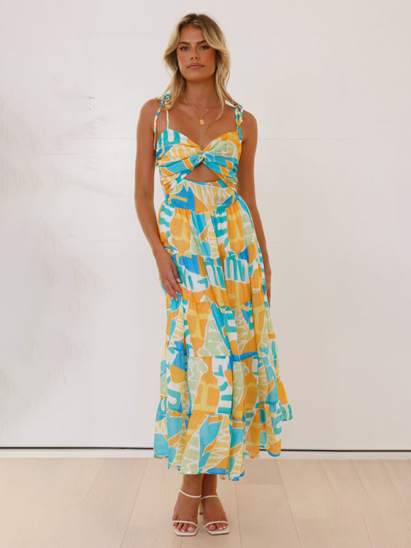 Beach holiday long dress sexy hot girl suspender dress Yellow