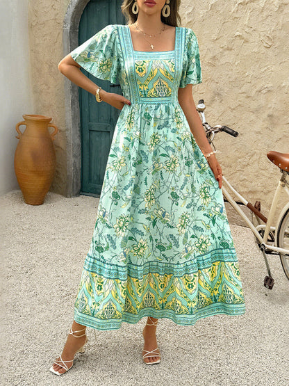 Holiday Chartreuse Floral Print A-Line Maxi Dress