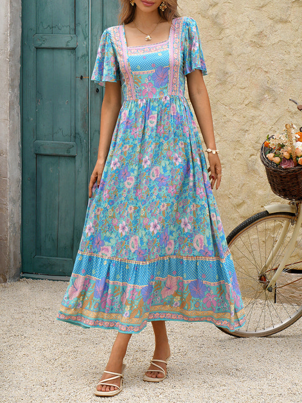 Holiday blue and pink floral print A-line maxi dress