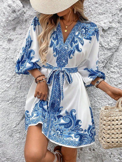 Modern Printed V-Neck Three-Quarter Sleeve Tie-Waist Dress Blue