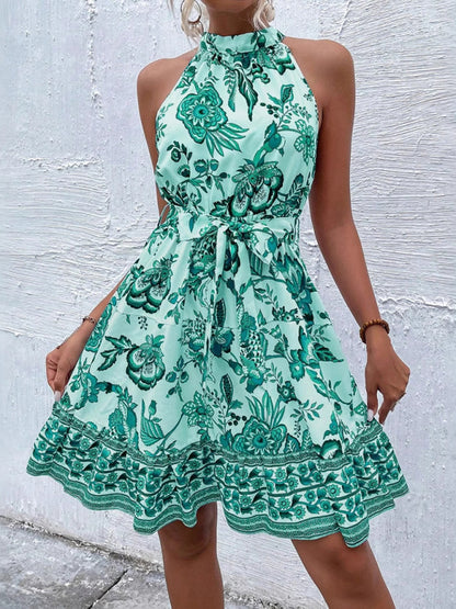 Fashion floral waist halter neck dress Green