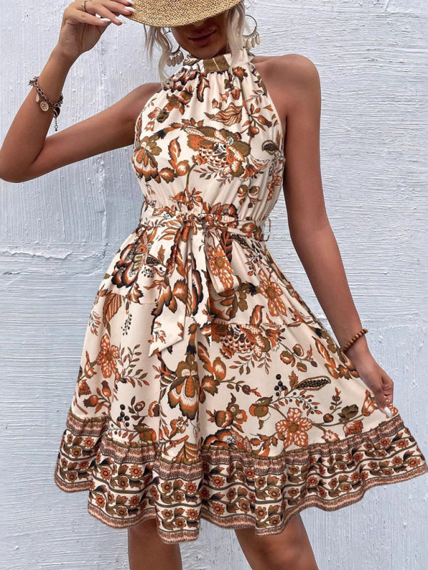 Fashion floral waist halter neck dress Yellow