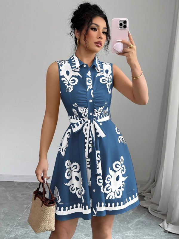Women's Fashion Printed Waist Tie Sleeveless Dress Blue