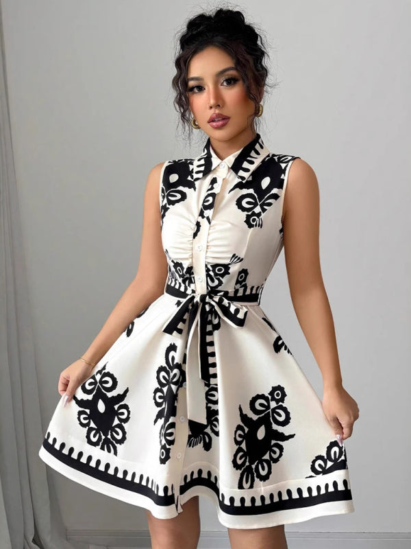 Women's Fashion Printed Waist Tie Sleeveless Dress Black