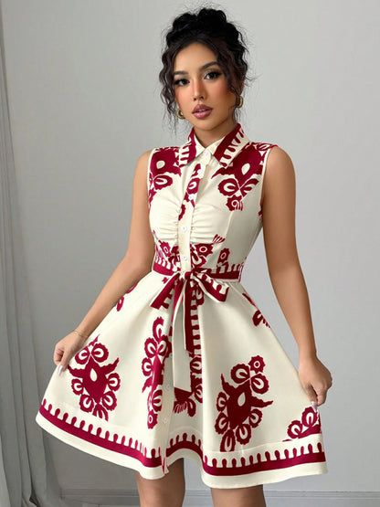 Women's Fashion Printed Waist Tie Sleeveless Dress Red