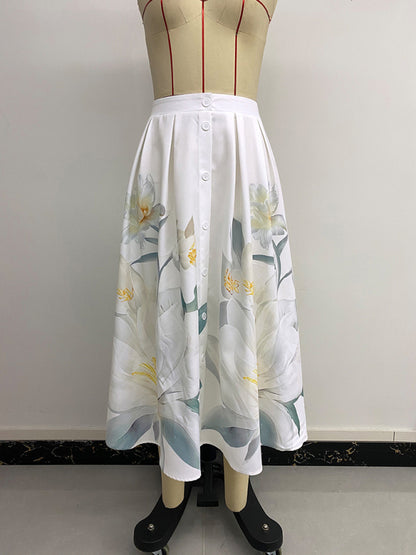 Floral Button Decorated Holiday Dress - Casual Printed Skirt Dress
