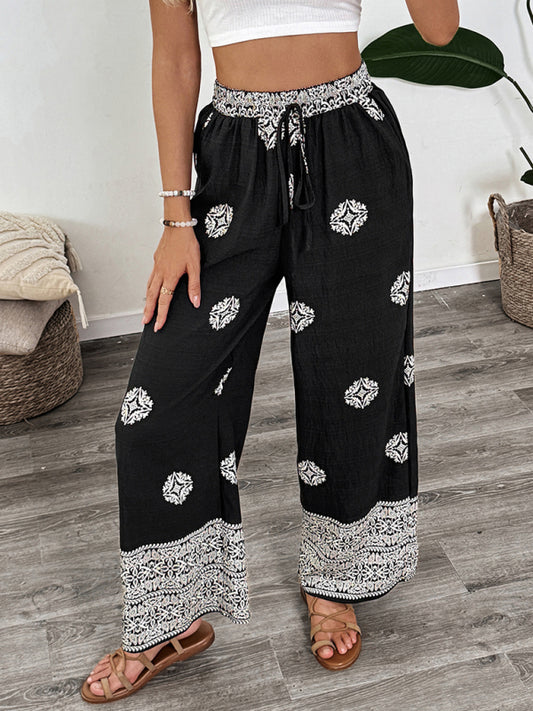 Ethnic style printed elastic waist drawstring casual comfortable straight pants Black
